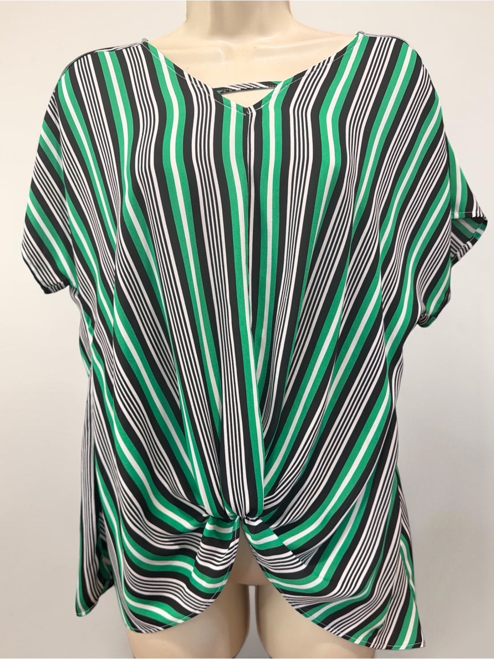 Cato Green Black White Striped Twist Front Blouse Top Size M